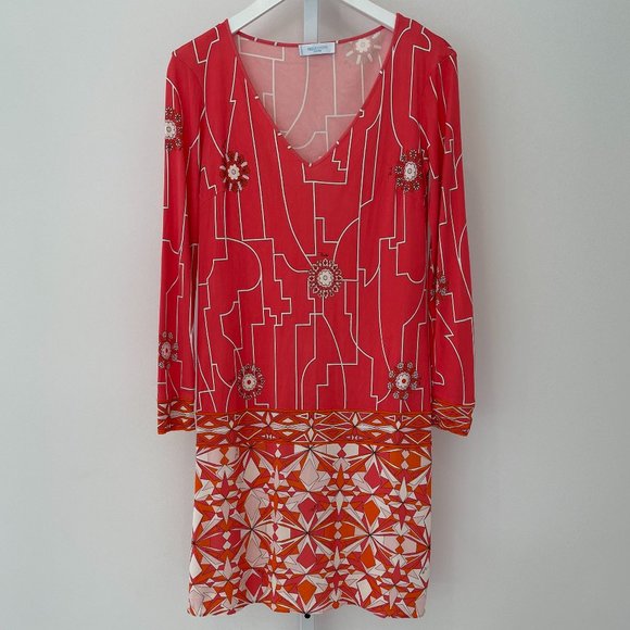 EMILIO PUCCI CORAL ORANGE PRINT SILK DRESS MODEL 91RG16 SIZE IT 42 / US 8 - Picture 1 of 16
